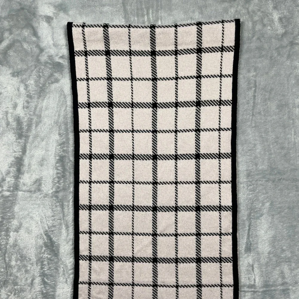Coach‎ Scarf Black Ivory Reversible Plaid Wool Cotton Knit Leather Logo
